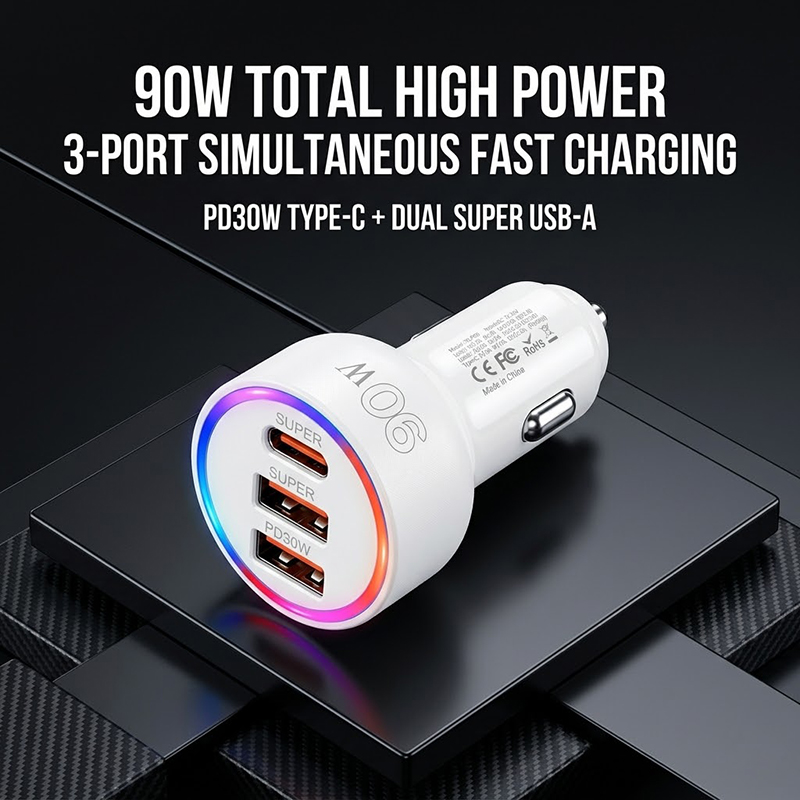 Usb C Hub - Adaptor Charger Mobil 90W dengan Lampu